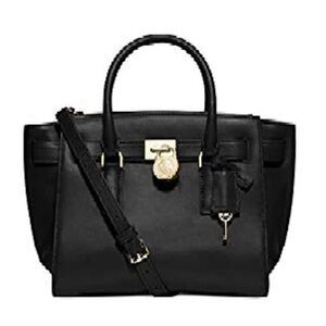 Michael Kors Black Leather Shoulder Bag with Gold Accent Lock & Key